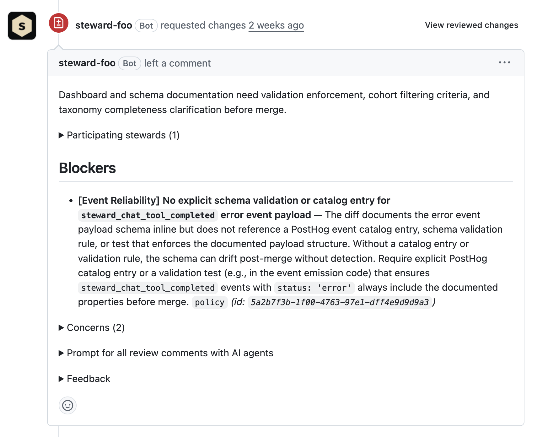 A steward.foo GitHub review on a pull request